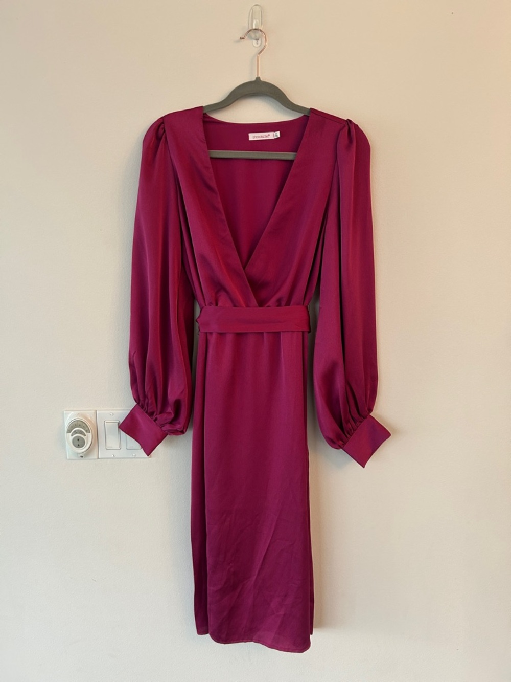 Purple Belted Midi Dress with Puff Sleeves